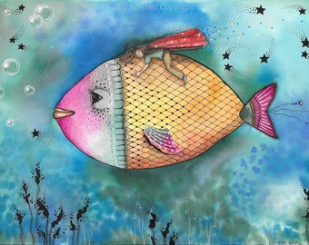 Colorful fish fantasy artwork, Magical surreal wall art decor