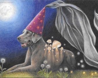 Dog Weimaraner painting, Mushrooms art print, Fantasy creature, Magical colored pencil artwork
