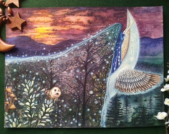 Original night with owl artwork watercolor