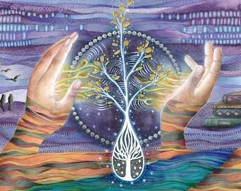 Magical hands art print, Positive energy painting, Tree of abundance illustration