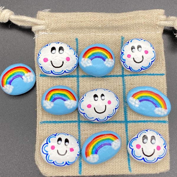 Painted Rocks | Tic Tac Toe Set | Clouds and Rainbows | Handmade | Game