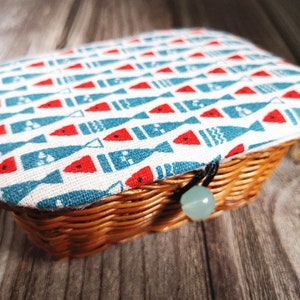 Blue fish linen ,  rattan knit basket  sewing box  lovely  gift sewing gift