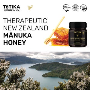 TotikaHealthManuka HOney MGO1050+ and New ZealandLandscape with manuka flowering