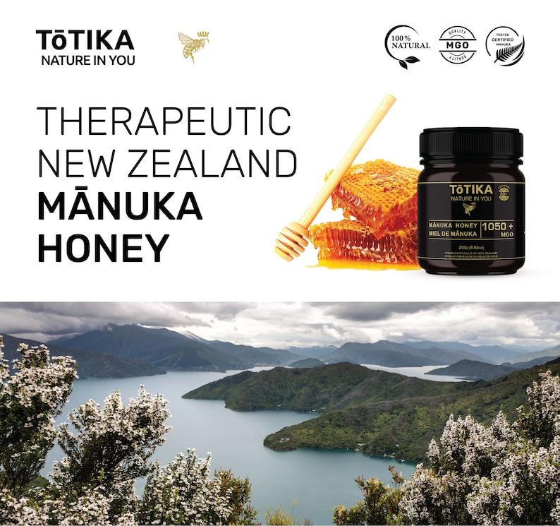 TotikaHealthManuka HOney MGO1050+ and New ZealandLandscape with manuka flowering