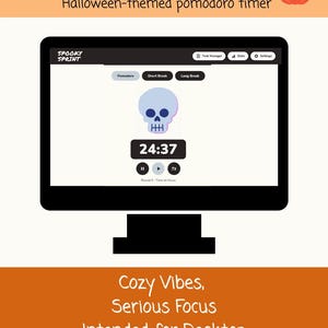 May include: A computer monitor displaying the Spooky Sprint pomodoro timer interface. The screen shows a light blue skull icon, a countdown timer at 24:37, and navigation buttons for Pomodoro, Short Break, Long Break, Task Manager, Stats, and Settings.
