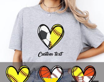Gepersonaliseerde sport-T-shirt, hart meerdere sporten shirt, aangepaste sportshirts, aangepaste naam T-shirt, cadeau voor oma, moeder, dochter, zoon, kind