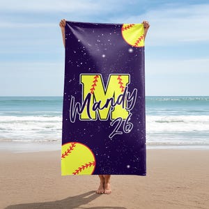 Personalized Softball Beach Towel, Softball Player or Coach Gifts, Softball Team Gift, Custom Name Letter Towel For Softball Player