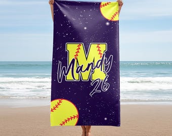 Personalized Softball Beach Towel, Softball Player or Coach Gifts, Softball Team Gift, Custom Name Letter Towel For Softball Player