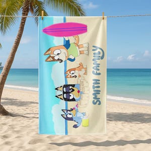 Personalized Bluey Beach Towel, Custom Family Name Beach Towel, Bluey Cartoon Towel Gift For Kids, Summer Vacation Gifts, Bluey Gifts