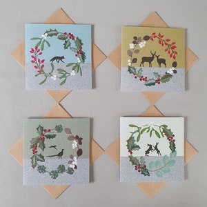 4 Christmas card bundle - Stag - Hare - Pheasant - Fox cards - by Lellibelle - Textile Art - Blank - Countryside - Wreath - Festive foliage