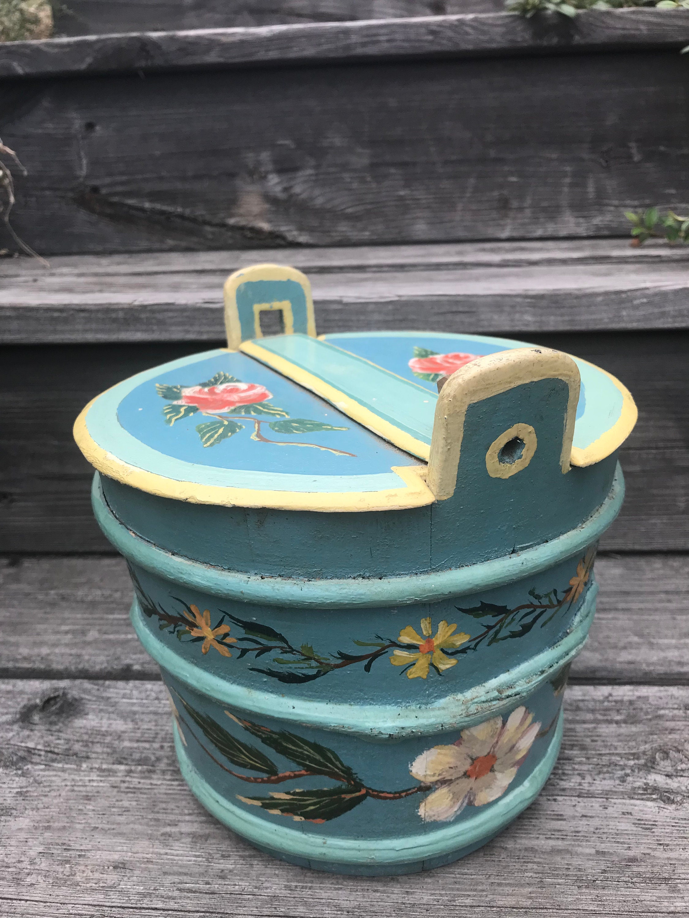 Antique Wooden Bucket , Norwegian Primitive Butter Bucket ,rosemaling. Norwegian Folk Art