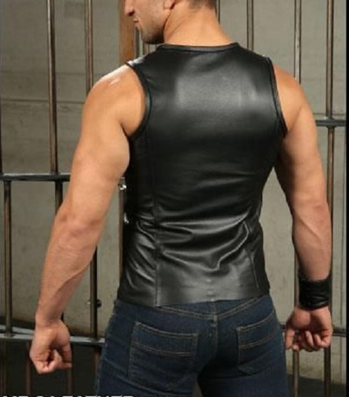 Men's Leather Black Sport Tank Top Shirt Sleeveless Fitted Etsy