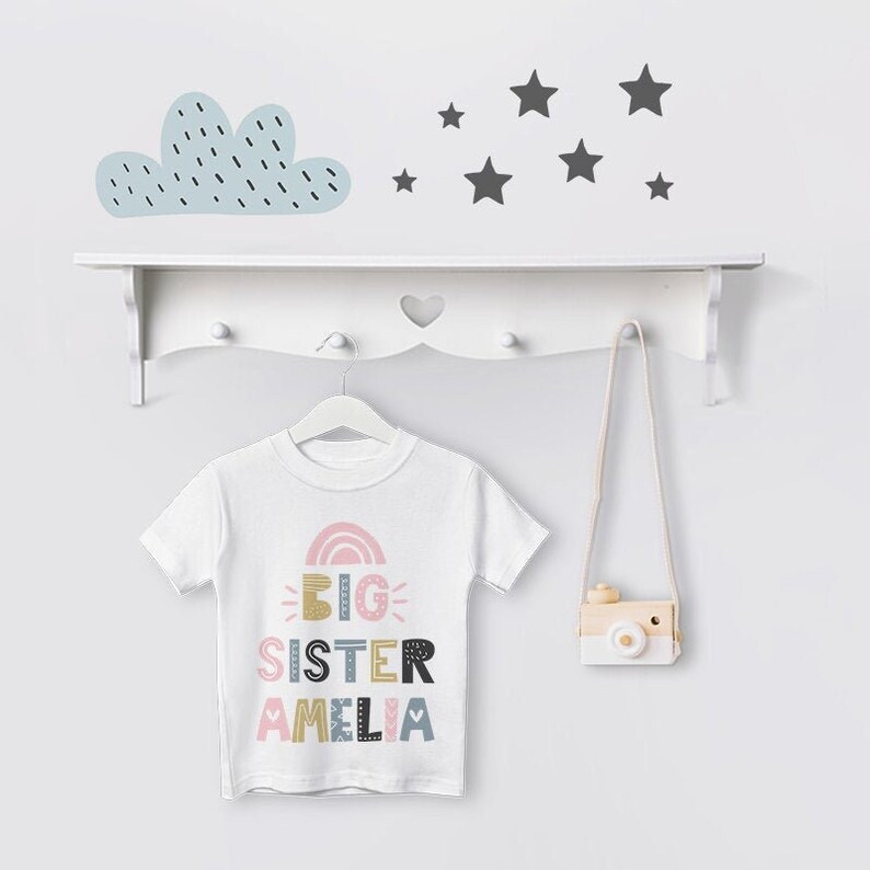 Personalised Big Sister Rainbow T Shirt, Pregnancy Announcement, Promoted to Big Sister, Sibling, New Baby, Colourful, Boho, Scandi 