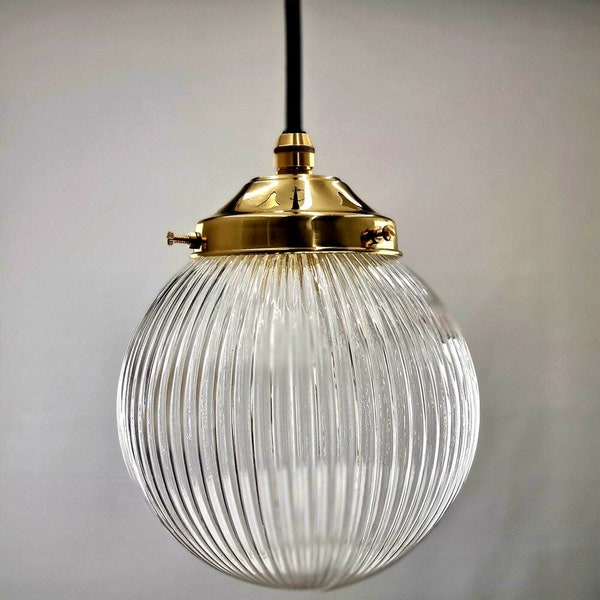 The Bradford Street Clear Prismatic Globe Pendant Light, Glass Globe Pendant, Ribbed style Railway glass Pendant Light 3 Sizes Available