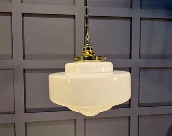 ArtDeco Opal School light with matching suspension chain, Brass, Gunmetal, and Old English Finishes Available.