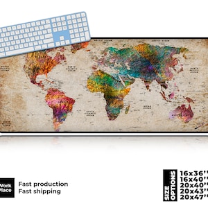 Tapis de bureau carte du monde, tapis de souris shabby chic, tapis de souris, grand tapis de souris, décoration de bureau, sous-main, grand sous-vêtement de bureau, sets de table, tapis de souris