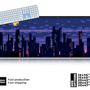 Tapis de souris gaming avec interface rétro Pixel City Art. Grand tapis de bureau.