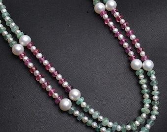 Natural Green Emerald Pink Ruby Beautiful Multi Color Precious Gemstone Beads Necklace For Gift Fresh Water Pearl Beads 2 Strand Necklace
