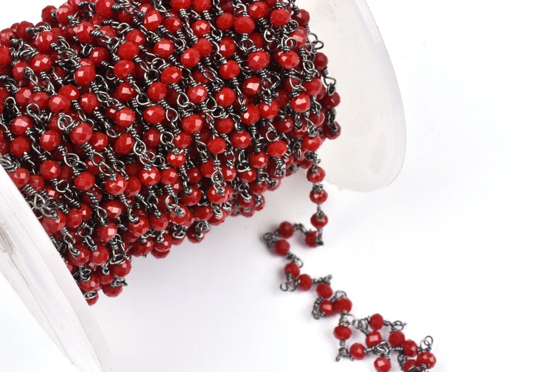 3,5,10,25 Feet Red Onyx Hydro Faceted Rondelle Beaded Rosary Chain Black Metal Plated Wire,Jewelry Making Finding,Wire Wrapped Chain 3-3.5mm