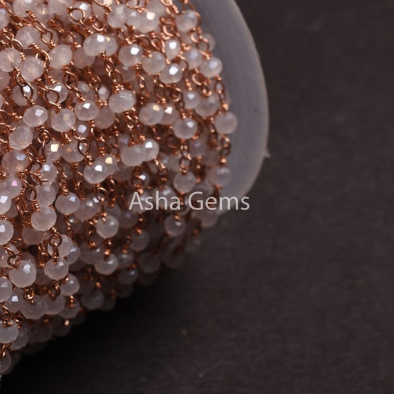 AAA White Moonstone Silver Coated Hydro Beads Rosary Chain, Rose