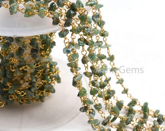 Natural Green Mica Uncut Chips Rosary Beads Chain, Gold Plated Wire Gemstone Beaded Chains