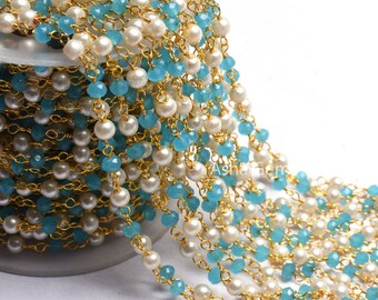 Beautiful Pearl, Blue Chalcedony Hydro Beads Rosary Chain,4 mm Multi Color Rondelle Gold Plated Wire Wrap Bulk Handmade Chain Jewelry Making