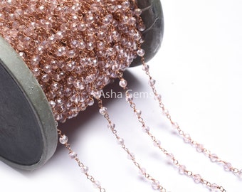 Pink Quartz Hydro Faceted Beads Rosary Chain Rose Gold Plated Copper Wire Wrap Beaded Rondelle Chain Rosary Jewelry Craft SALE 3mm