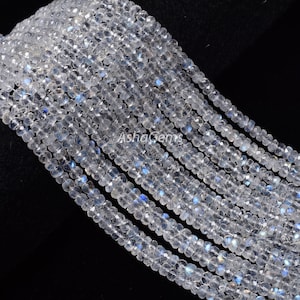 Flashy blue fire white Rainbow moonstone faceted beads, Fine Natural rainbow moonstone Indian handcut Rondelle Beads necklace jewelry crafts