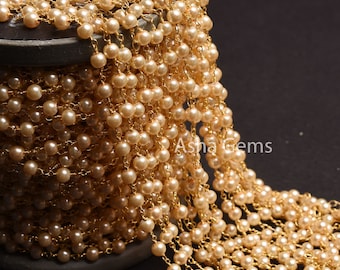 3,5,10,50 Feet AAA Milky Pearl Hydro smooth Roundelle beads Rosary Chain 4mm Pearl Hydro Gold Plated Wire wrap Chain Jewelry Making Necklace
