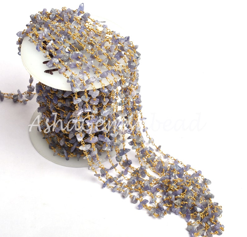 Blue Tanzanite Beads Chain Chain 1,3,5,10 Ft Gold Plated Copper Wire Bulk Roll Natural Tanzanite Nugget Uncut Chips Beaded Rosary Chain