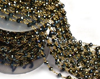 Green Mystic Coated Pyrite Hydro Faceted Rondelle Beaded Rosary Chain 4 mm Pyrite Hydro Gold Plated Jewelry Crafts  Chain 1-50 Feet Bulk