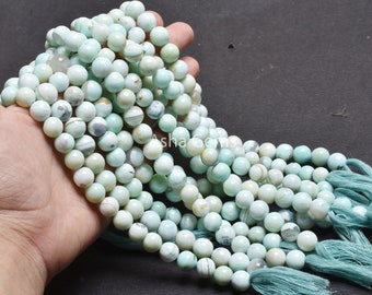 Perles en vrac de pierres précieuses rondes lisses opale bleu ciel ombragé, perles rondes unies opale bleue en brins de 33 cm, perle d'opale pour collier bijoux artisanat