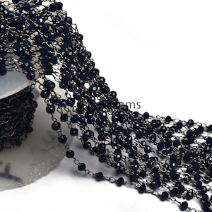 1,5,50 Feet Blue Sapphire Hydro Faceted Rondelle Beaded Rosary Chain,Silver,Black Plated Wire Jewelry Making Chain 3-3.5mm,Bulk Crafts Chain
