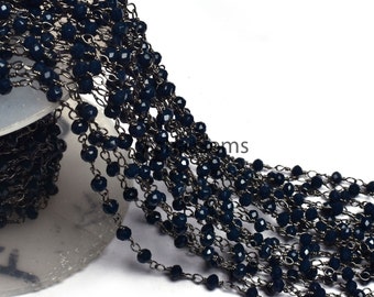 1,5,50 Feet Blue Sapphire Hydro Faceted Rondelle Beaded Rosary Chain,Silver,Black Plated Wire Jewelry Making Chain 3-3.5mm,Bulk Crafts Chain