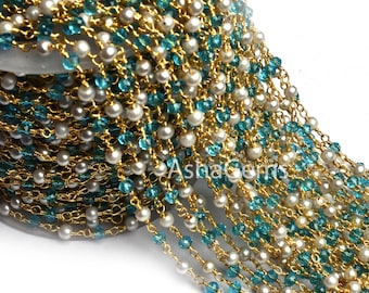 Wunderschöne weiße Perle, blaue Topas-Hydro-Perlen-Rosenkranzkette, vergoldeter Drahtwickel, Rondelle-Perlenkette, 3 mm, Schmuckherstellung, Kunsthandwerkskette