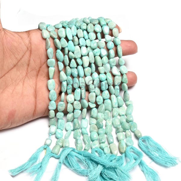 Contas soltas de pedra preciosa em formato de pepita lisa de amazonita azul natural, 7-11 mm, contas finas de amazonita feitas à mão, colar de joias com perfuração em T irregular