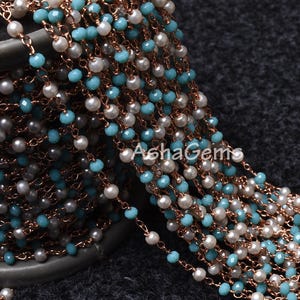 Beautiful Pearl, Blue Turquoise Hydro Rondelle Beads Rosary Chain Multi Color Beaded Rose Gold Plated Wire Roll Chains Jewelry Making Crafts