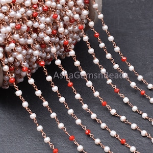 3 mm Beautiful Pearl Red Ruby Hydro Beads Rosary Chain Rose Gold Plated Wire Wrapped handmade Chain For Jewelry Necklace making Crafts SALE