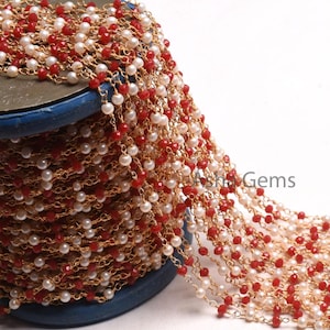 Beautiful Pearl, Red Ruby Hydro Beads Rosary Chain Gold Plated Wire Wrapped handmade Multi Color Beaded Chains Necklace Jewelry making Craft