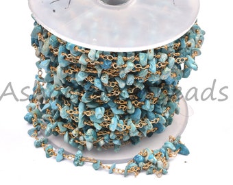 3,5,10 Feet Bulk Roll, Blue Turquoise Uncut Chips Rosary Chain,Gold Plated Silver,Nugget Rosary Beaded Chain,Jewelry Making Craft,Bead Chain