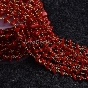 1,3,5,10,25 Foot Beautiful Red Stone Uncut Chip Beads Rosary Chain, Gold Plated Wire Wrap Tiny Nugget Gemstone Beaded Chain Necklace Jewelry