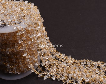 Beautiful Crystal Quartz Smooth Uncut Rosary Chain, Gold Plated Wire Wrap Gemstone Beaded handmade Chain Jewelry Making Necklace Craft SALE.