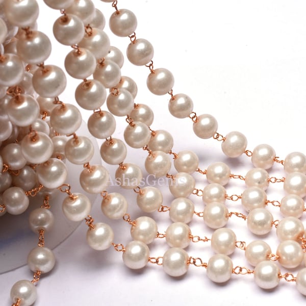 3,5,10,25 Ft,Pearl Hydro Rondelle Beaded Rosary Chain,Gold,Rose Gold Plated,Jewelry Making Chain,Finding,Beutiful Wire Wrapped Chain, 8 mm