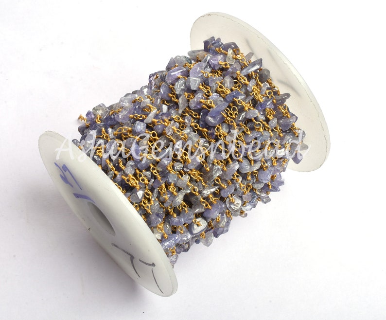Blue Tanzanite Beads Chain Chain 1,3,5,10 Ft Gold Plated Copper Wire Bulk Roll Natural Tanzanite Nugget Uncut Chips Beaded Rosary Chain