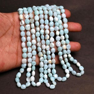 以下が含まれることがあります： 水色と白の楕円形のビーズの連なり。ビーズはつながっており、ネックレスやブレスレットを作っています。ビーズは滑らかで磨かれた表面を持ち、色がわずかに異なります。