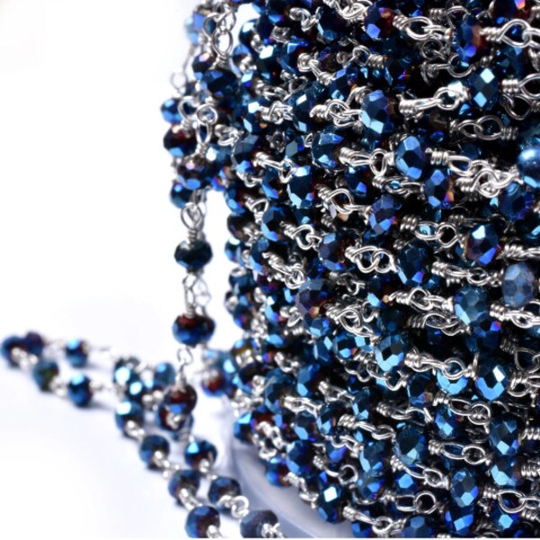 1,3,5,10,50 Feet,Blue Titanium Pyrite Hydro Faceted Rondelle Beaded Rosary Chain Silver Plated Wire,Jewelry Making Finding,Wire Chain 3.50mm