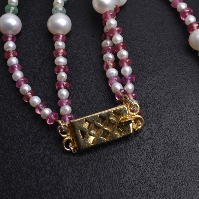 Natural Green Emerald Pink Ruby Beautiful Multi Color Precious Gemstone Beads Necklace For Gift Fresh Water Pearl Beads 2 Strand Necklace