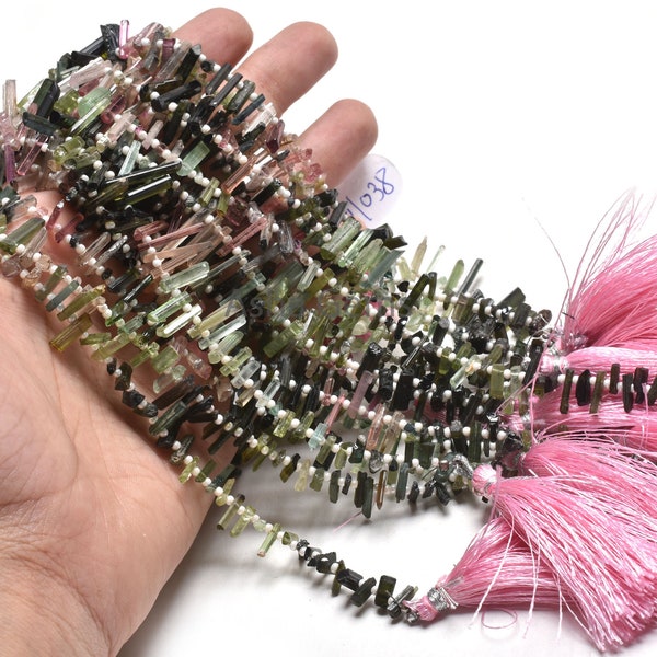 Fine Multi Pink Green Tourmaline Pencil Shape Uneven Gemstone Beads, Real Tourmaline Smooth Raw Long Stick Rough fancy Side Drill Bead Craft