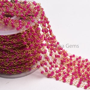 AAA Hot Pink Chalcedony Hydro Faceted Beads Rosary Chain Gold, Copper Plated Wire Wrap Rondelle Micro Cut Bead handmade Jewelry making Chain