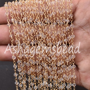 1,3,5,10,50 Ft,Clear Crystal Quartz Hydro Faceted Rondelle Beads Rosary Chain,3mm Gold Plated Wire Beaded Chain,Finding,Jewelry Making,Craft